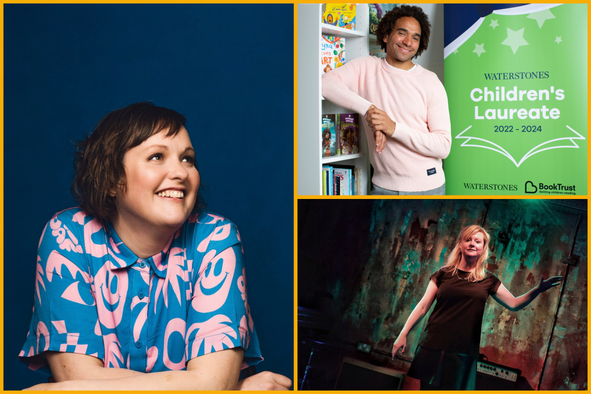 Image of Josie Long (photographed by Matt Crockett), Joseph Coelho (photographed by David Bebber) and Sarah Liisa Wilkinson (Crick Crack Club).